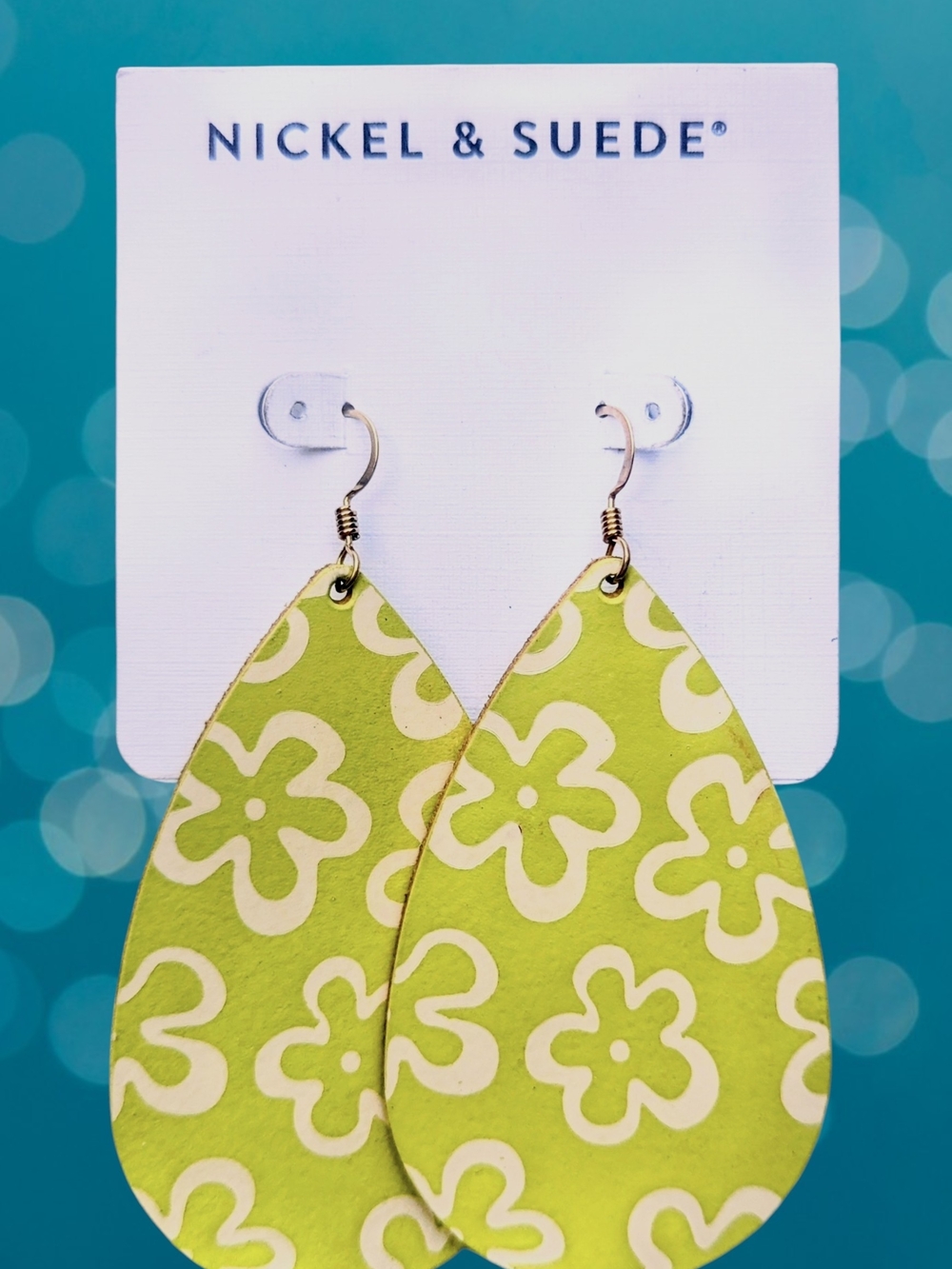 Nickel & Suede Lime Green Floral Teardrop Earrings